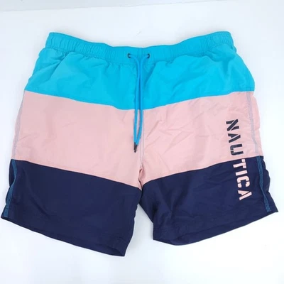 Nautica Men Stripe Swim Trunks Size XL X-Large Blue, Peach, Board Shorts - Image 1 of 4