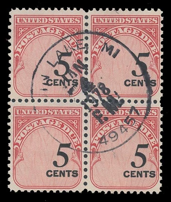 USA Sc. #J93, 5c BLOCK OF 4, STRONGLY SHIFTED TO THE RIGHT, USED - Image 1 of 2