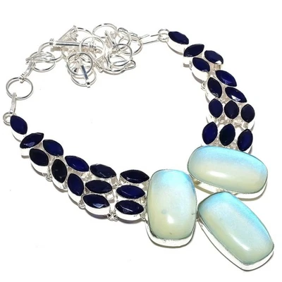 Tripletta Fuoco Opale, Blu Giada Gemma 925 Sterling Argento Gioielli Collana - Immagine 1 di 4