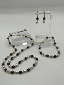14K Gold Pearl & Cloisonne Bead Jewelry 3 piece Set-Necklace Bracelet Earrings - Picture 1 of 21