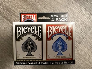 BICYCLE Playing Cards 4 PACK 2 Red & 2 Black NEW Lot of Decks EASY Shuffle&Deal - Picture 1 of 2