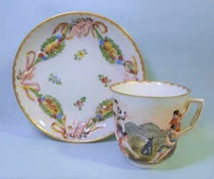 Antique CAPODIMONTE DEMITASSE CUP & SAUCER - CHERUBS NUDES & A DOG Hand Painted - Picture 1 of 12