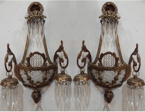 Rustic Pair Antique Replica Crystal Chains French Empire Ornate Wall Sconces Cover