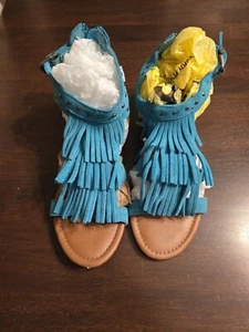 MINNETONKA Suede Turquoise Blue Fringe Back Zipper Sandals Women's Size 9 - Picture 1 of 8