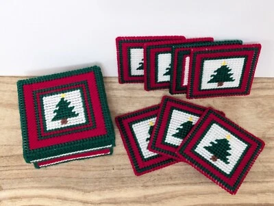 Vintage Christmas Tree Coasters Plastic Canvas Yarn Needlepoint Handmade 7 +Box - Image 1 of 4