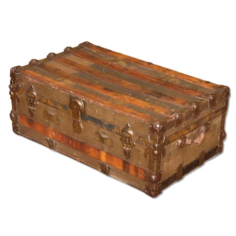 Ships Free Olive Canvas Low Flat Top Coffee Table Steamer Trunk Chest Circa 1880 Cover