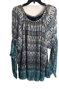 New Directions Ladies XL Peacock Blue And White Peasant Blouse - Picture 1 of 4