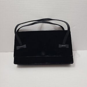 Vintage 1950 / 1960's Black Velvet Evening Bag Satin Handles & Bows Snap Closure