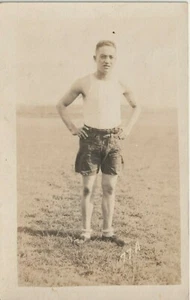 U.S. WWI Real Photo Postcard - Outdoor Photo of Soldier in Shorts & Tank Top - Picture 1 of 1