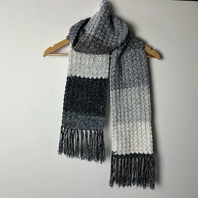 Ручной работы коренастый вязаный шарф серый полоски бахрома богемное Y2K 90-х фея гранж уютный 72» - Изображение 1 из 4