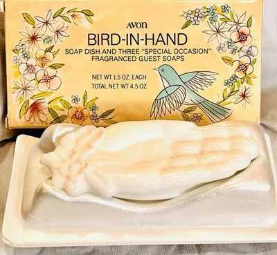 Avon MILK GLASS HAND Open Hand Trinket Dish 5.5" BIRD-IN-HAND w/ Bird Soaps NOS! - Image 1 of 4