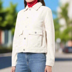 Anthropologie Corduroy Trucker Jacket Womens Large Off White AG Cropped - Picture 1 of 5