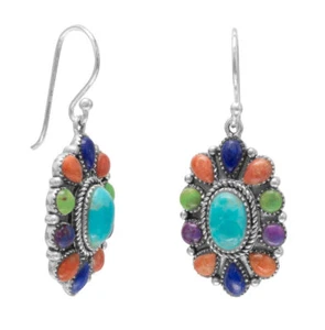Pendientes de piedra floral de plata esterlina reconstituidos turquesa, lapislázuli y coral - Imagen 1 de 1