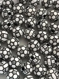Plastic Football Beads Black White 10mm Round Acrylic Soccer Ball 25pcs - Picture 1 of 1