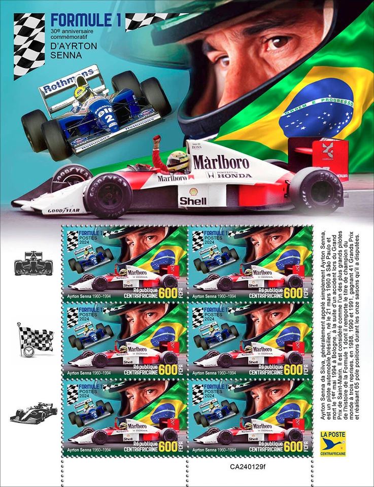 Formula 1 Ayrton Senna 30th Memorial MNH Stamps 2024 Central African M/S - Image 1 of 1