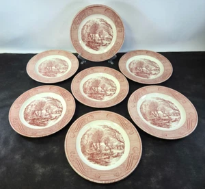 RARO Juego de 7 Platos de Cena Royal China Currier & Ives Rosa Antiguo Molino Gris 10" - Imagen 1 de 16