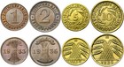 Weimarer Republik KONVOLUT - 4 Münzen - 1, 2, 5, 10 Reichspfennig 1924-1936 LOT