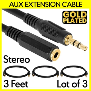 Paquete de 3 cables de extensión de 3 pies 3,5 mm cable auxiliar de 1/8" macho a hembra cable estéreo - Imagen 1 de 3