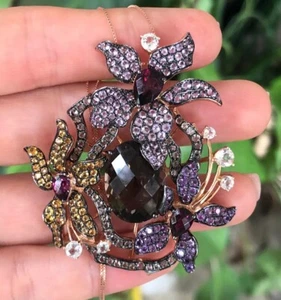 LeVian Pendant Flower Garnet Quartz Sapphires Necklace 18.8ct 14K RoseGold HUGE - Picture 1 of 12