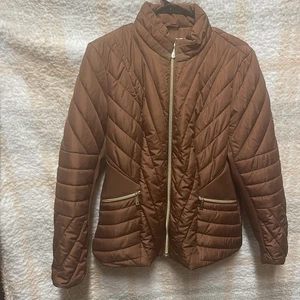 Kenneth Cole New York Women’s Large Brown Puffer Jacket Gold Zippers - Picture 1 of 10