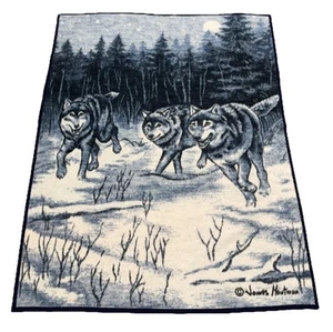 Vintage Beiderlack Blanket Acrylic Blend Wolf James Hautman Blue 76X56 In Cozy - Picture 1 of 14