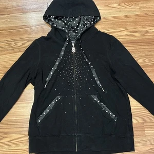 Christine Alexander Jacket Women XL Black/Pink Crystals Zip Up Hoodie Rhinestone - Picture 1 of 9