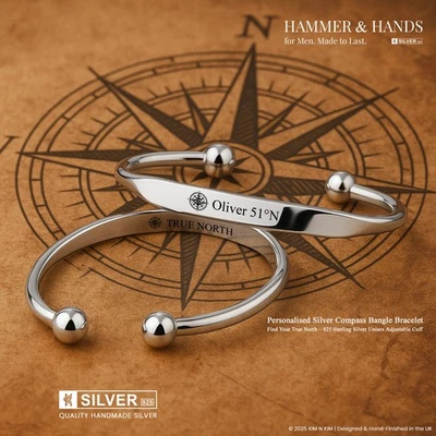 Personalised Silver Compass Bangle✔️925 Sterling Silver Adjustable Unisex Cuff - Image 1 of 4