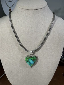 Pendentif cœur dahlia bleu vert en argent sterling 925 avec perles italiennes 22”-24” - Photo 1/8