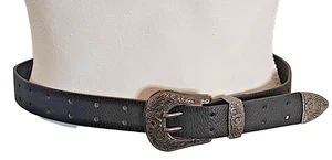 Western Cowboy Style Silver Buckle Black  Leather Belf 36 in - Picture 1 of 5