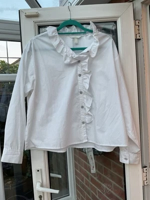 H&M White Cotton Boxy Shirt Ruffle Neckline Diamanté Pearl Buttons L/XL - Image 1 of 4