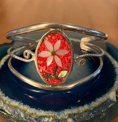 VTG Alpaca Silver Pink Coral Abalone Mother of Pearl Flower Cuff Bracelet 6.25" - Image 1 of 4