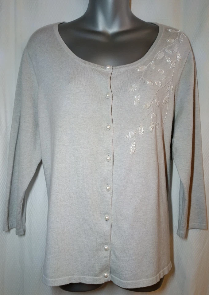 Cárdigan Peter Nygard Cuentas Gris Perla Botones Manga Larga Boho Cottage Talla XL Foto 1 de 4