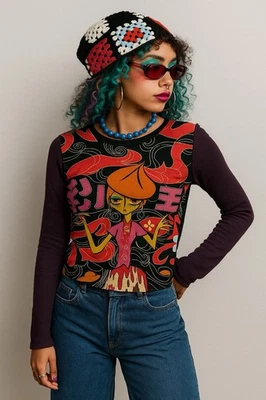 Top Raro Custo Barcelona Pequeño Gráfico Frontal Crochet Trasero Boho Y2K Artístico Foto 1 de 4