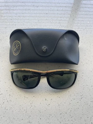 Vintage RAY-BAN B&L Olympian 4 3/4 Black Gold Sunglasses USA - Original Case - Image 1 of 4