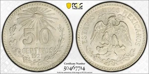 MEXICO ESTADOS UNIDOS 1921 50 CENTAVOS COIN, PCGS CERTIFIED UNCIRCULATED MS65 - Picture 1 of 5