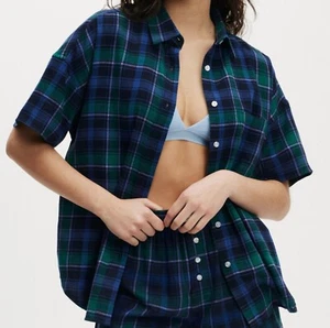 New Cotton : On Shirt Womens XL Blue Purple Plaid Boyfriend Flannel Short Sleeve - Picture 1 of 5