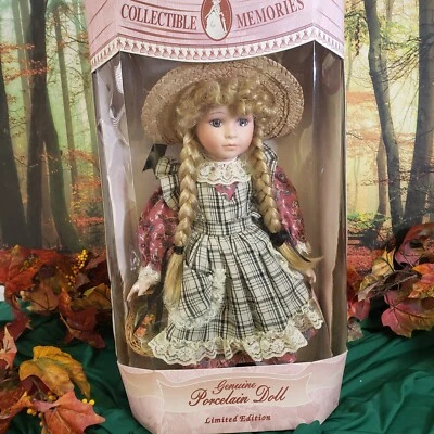 COLLECTIBLE MEMORIES GENUINE PORCELAIN BISQUE DOLL Braids Basket Blonde - Image 1 of 4