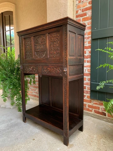 Antique French Carved Oak Renaissance Cabinet Bookcase Court Cupboard 19th c Cover