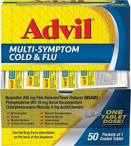 Advil Multi-Symptom Cold & Flu 50 Pks of 1 coated tablet Dispenser FREE SHIPPING - Picture 1 of 1