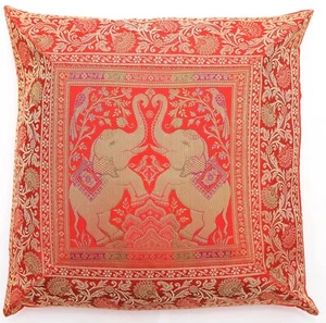 Handmade True Red Elephant Cushion Cover Silk Brocade Pillow Case Sofa Throw 16" - Picture 1 of 6