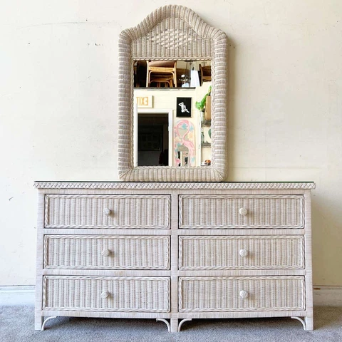 Boho Chic Off White Wicker Glass Top Dresser With Mirror Cover