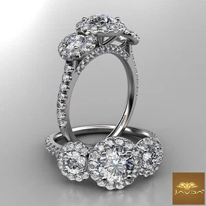 3 Stone Halo Round Natural Diamond Engagement French Pave Ring GIA E VS1 1.50 Ct - Picture 1 of 12