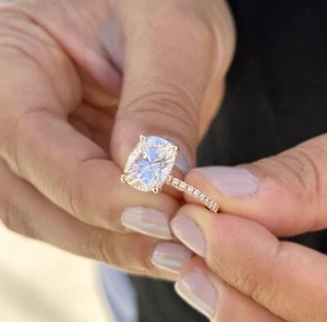 CUSHION CUT MOISSANITE ENGAGEMENT RING 14K SOLID ROSE GOLD WEDDING RING 3.70CTW - Picture 1 of 14