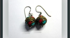 Pendientes antiguos vintage victorianos de turquesa y coral artesanales Coope... - Imagen 1 de 8