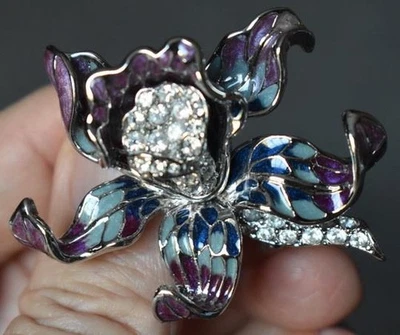 DISEÑADOR NOLAN MILLER GLAMOUR COLL #17 BROCHE ORQUÍDEA ESTRÁS AZUL PÚRPURA VERDE AZULADO Foto 1 de 4