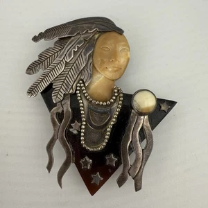 Sterling 925 Artisan Brooch Carved Stone Woman Stars Feathers New Zealand - Picture 1 of 13
