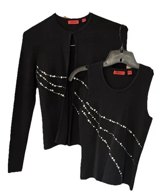 VENINI Two Piece Black Tank & Cardigan Sweater Set Silver Circles Holiday XS - Image 1 of 4