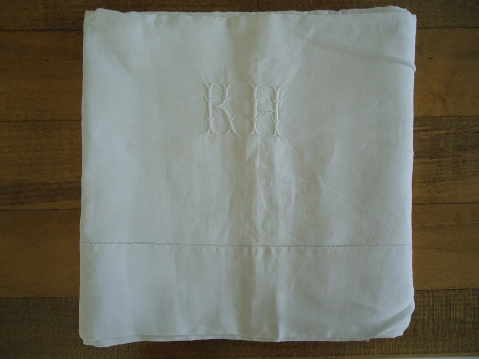 DRAP LIN MONOGRAMME KH RIDEAU NAPPE LINGE ANCIEN - Photo 1/1