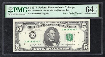 FR. 1909-G 1977 $5 FEDERAL RESERVE NOTE “RADAR S/N G28188182A” PMG UNC-64EPQ - Image 1 of 2