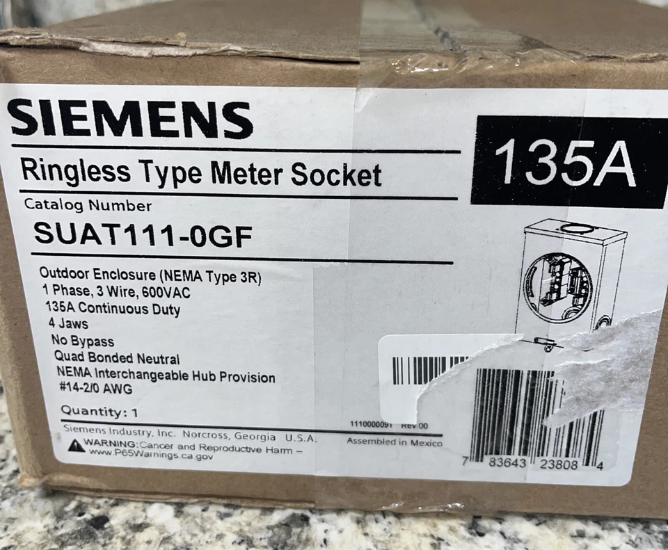 SIEMENS RINGLESS TYPE METER SOCKET 135A SUAT111-0GF 1 Phase 3 Wire 600VAC 4 Jaws